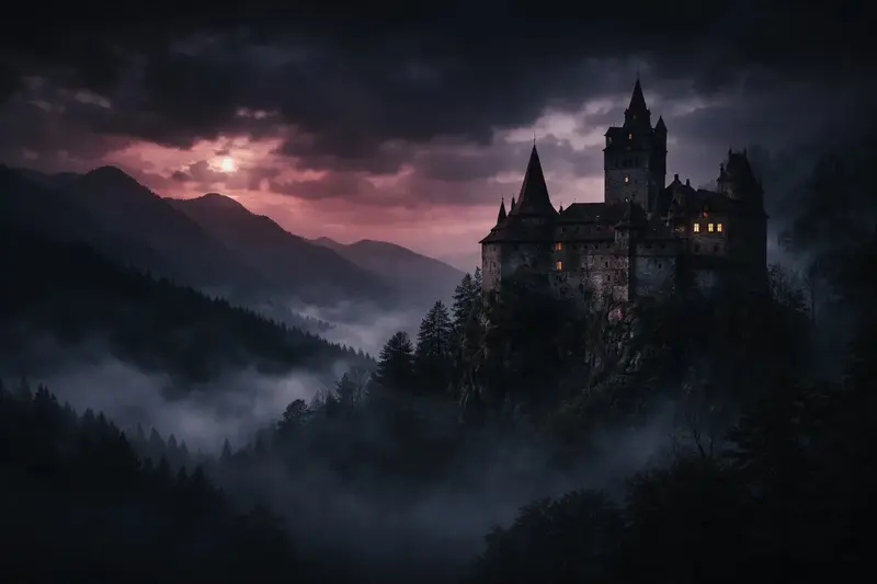 Haunted castle at dusk shrouded in mist