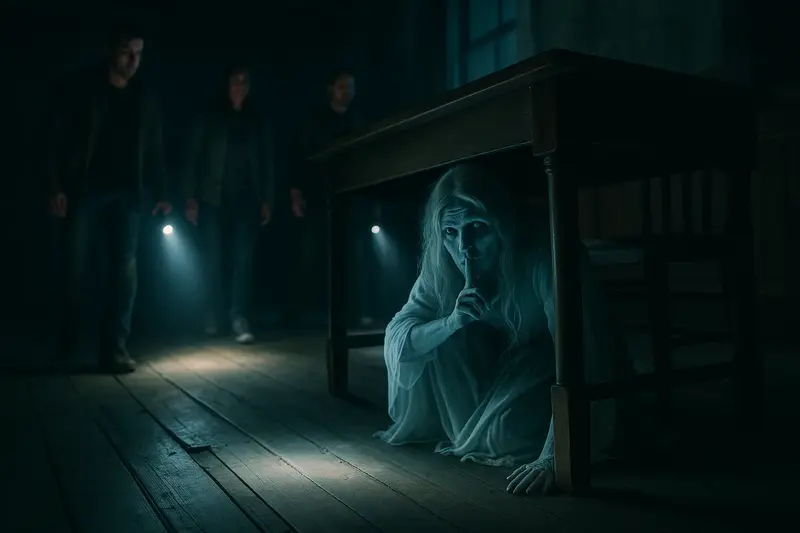 Ghostly figure in a haunted house during a ghost tour